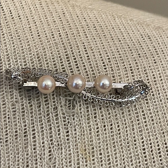 Vintage Real Pearl Pin Filigree Bar Pin Silver-tone - Picture 14 of 16